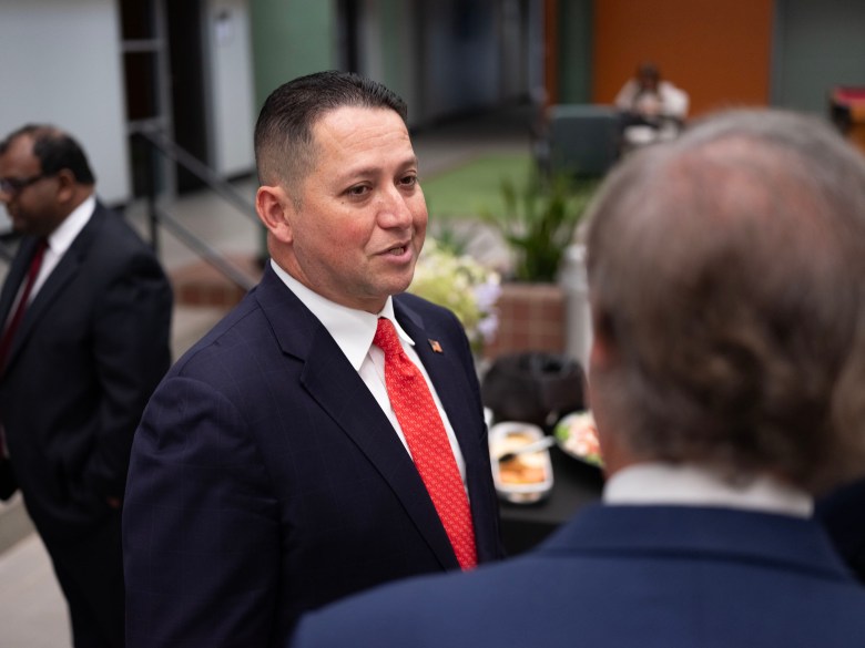 U.S. Representative Tony Gonzales (R-TX 123) speaks with Texas A&M Chancellor John Sharp during the announcement of the new Pubic Health Genetics and Genomic Labratory that will eventually be located at Texas A&M University - San Antonio.