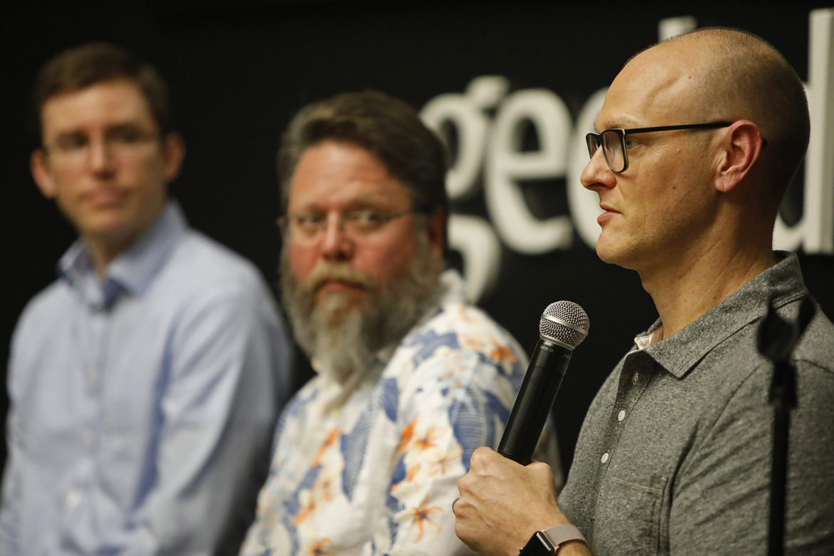 Codeup co-founders (from left) Chris Turner, Jason Straughan and Michael Girdley participate in a 2018 discussion at Geekdom that was part of San Antonio Startup Week.