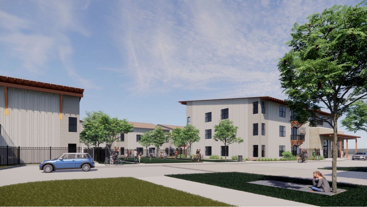 A graphic rendering shows the future Apple Seed Apartments, a housing project in the city of New Braunfels.