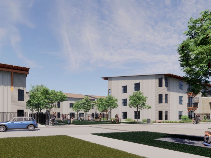 A graphic rendering shows the future Apple Seed Apartments, a housing project in the city of New Braunfels.