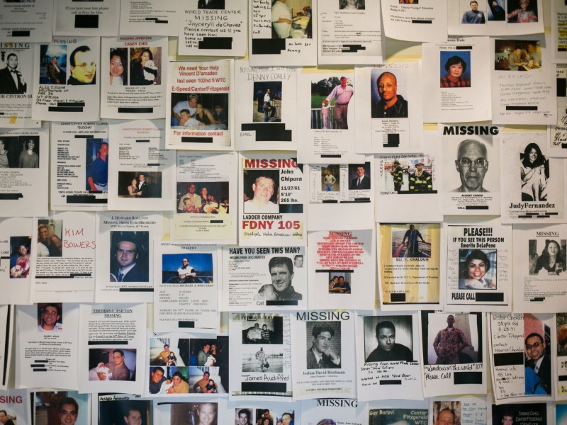 A collection of flyers of missing loved ones that were made after Sepetember 11. Photo by Kathryn Boyd-Batstone.