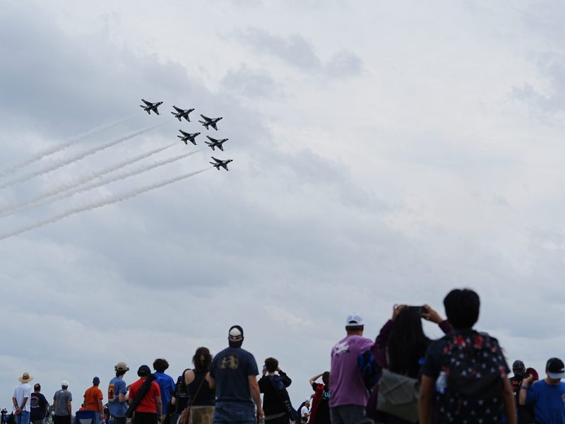 The Thunderbirds, the air demonstration squadron of the U.S. Air Force, fly six fighter jets in formation over Joint Base San Antonio-Randolph.