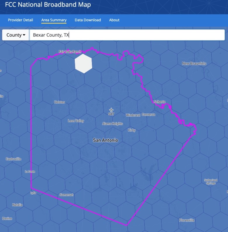 The broadband access map provided by the FCC shows a Bexar County with nearly 100 percent coverage. 