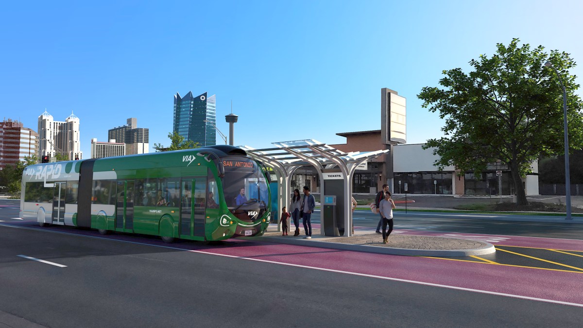 A rendering shows a VIA Rapid Green Line bus at a stop along San Pedro Avenue.