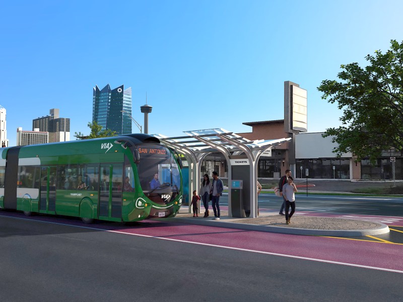 A rendering shows a VIA Rapid Green Line bus at a stop along San Pedro Avenue.