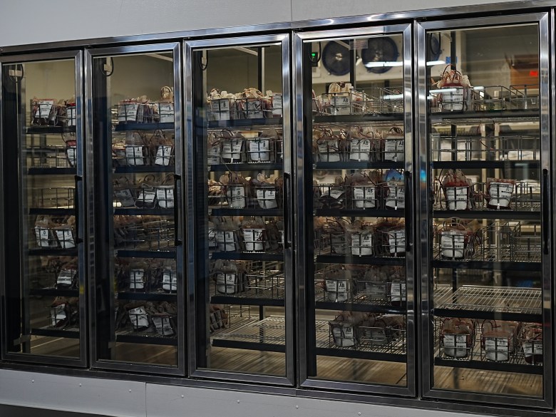 Blood products at South Texas Blood and Tissue sit in the freezer ready to be shipped.