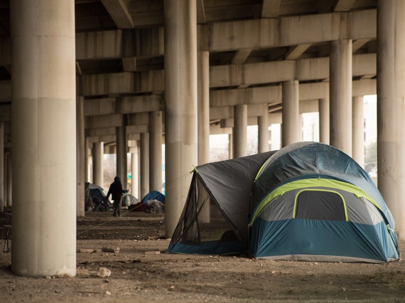 Many tents are set up as shelter under the I-37 underpass near Brooklyn Avenue. Photos taken on February 13, 2021.