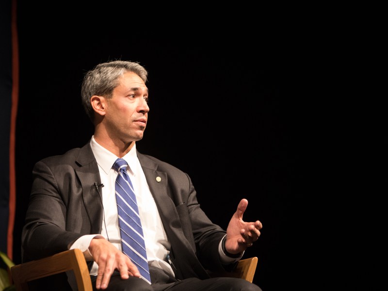 Mayor Ron Nirenberg speaks at "A Conversation with Mayor Ron Nirenberg" at UTSA Downtown Campus Buena Vista Street Building Theater.