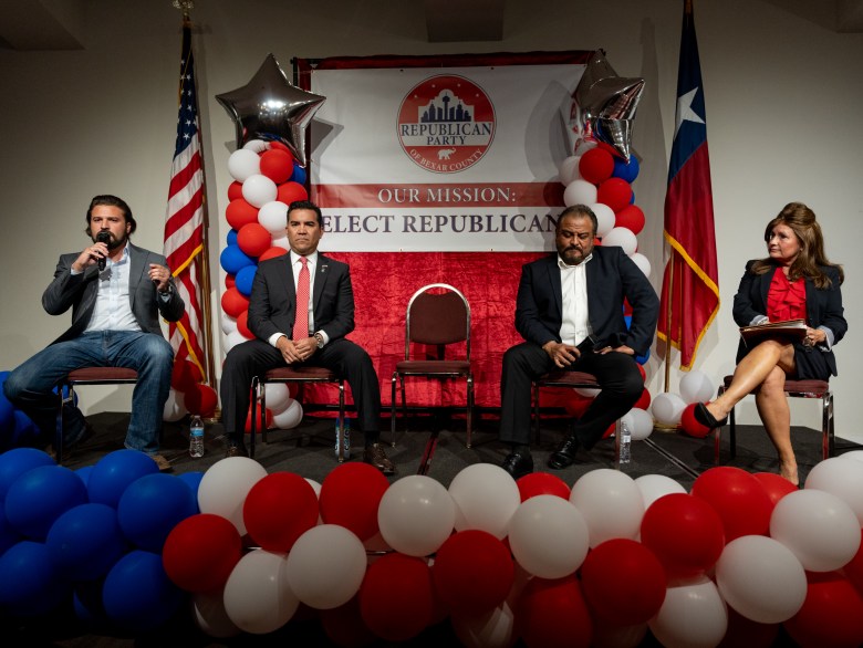 Candidates for Texas 23rd Congressional District Brandon Herrera, Victor Avila, Frank Lopez and Julie Clark during the Republican Party of Bexar County debate last week. An empty chair in the middle is the place of incumbent Congressman Tony Gonzales who did not attend.