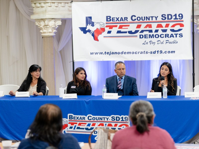 Democratic candidates challenging incumbent Commission Rebeca Clay-Flores participate in a forum hosted by the Bexar County Tejano Democrats on Nov. 16. From left is Anna Uriegas Bustamante, Amanda Gonzalez, Ernesto Arellano and Lawson Alaniz-Picasso.