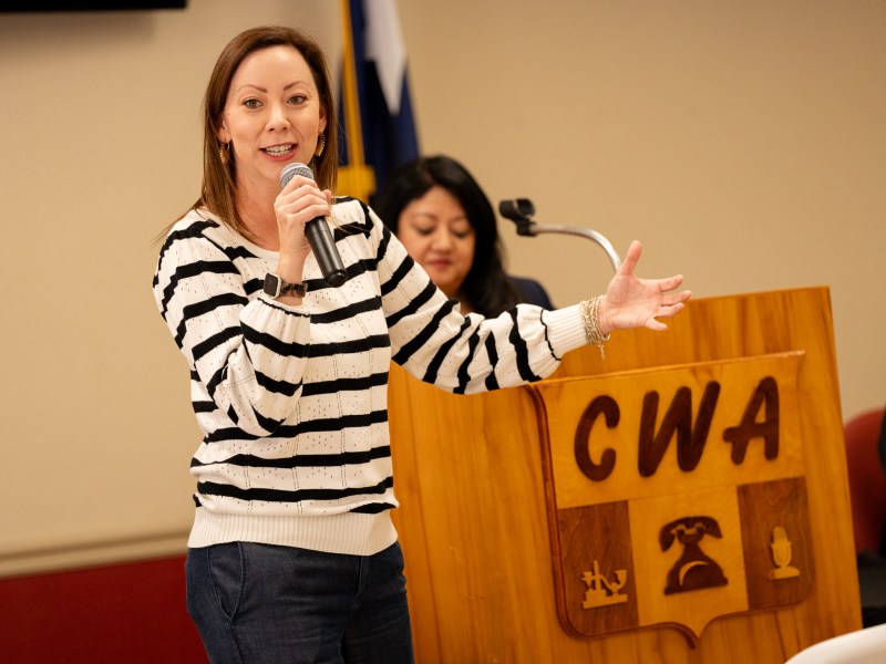 Justice Beth Watkins speaks at a campaign event at the Communications Workers of America headquarters downtown. Watkins lost the Democratic primary for Place 2 on the 4th Court of Appeals to challenger Velia Meza.