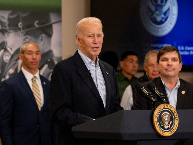 US President Joe Biden is accompanied by South Texas mayors, including Mayor Ron Nirenberg, and US Rep. Vicente Gonzalez (D) as he delivers remarks about border security at the Border Patrol station in Brownsville, Texas on Thursday.