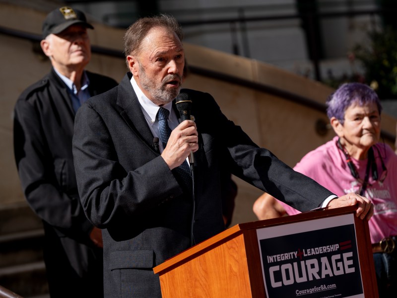 Councilman John Courage (D9) announces his 2025 campaign for mayor of San Antonio on the steps of City Hall on Thursday.