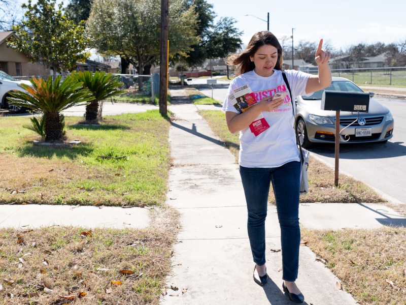 Kristian Carranza, shown here block walking in February, wins the Democratic primary in Texas House District 118.