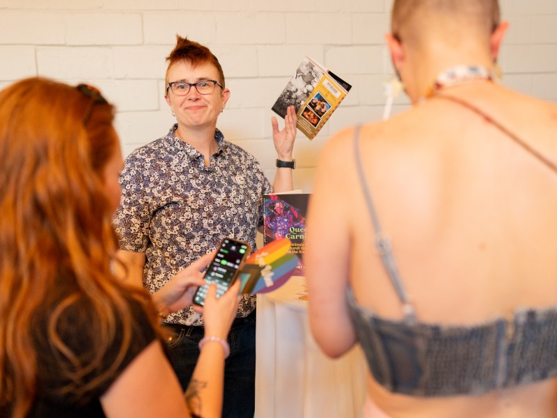 Amy Stone, author and professor of sociology and anthropology at Trinity University, at the banned book fair at the Rainbow Book Bus tour in March.