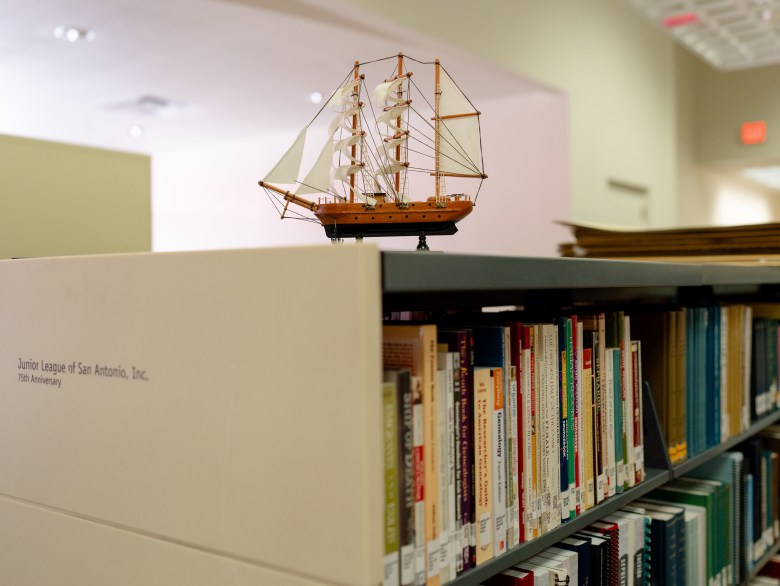 A model ship is one of the many artifacts in the Texana Resource Center.