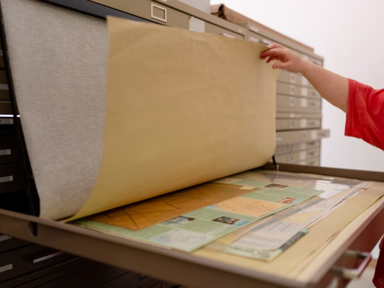 Maps, brochures and posters are stored in flat file cabinets in the Texana Resource Center.