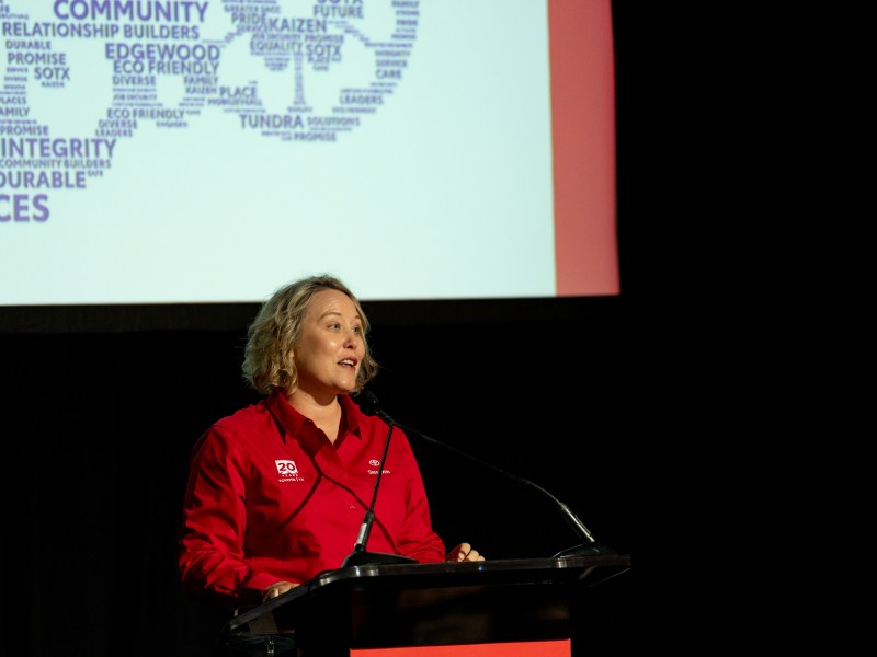 Susann Kazunas, who was named president of the San Antonio plant Monday, addresses guests at Toyota Texas' 20th anniversary event in 2023.