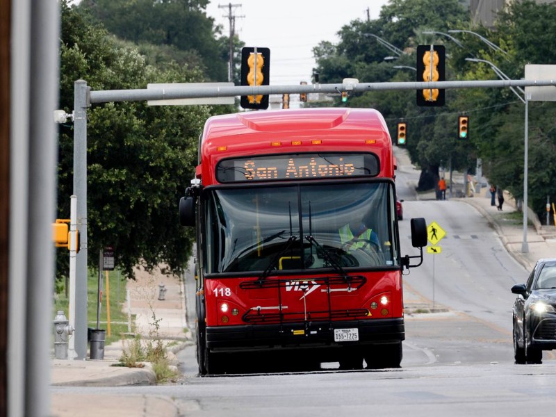 One of VIA’s new electric buses travels along San Pedro Avenue.