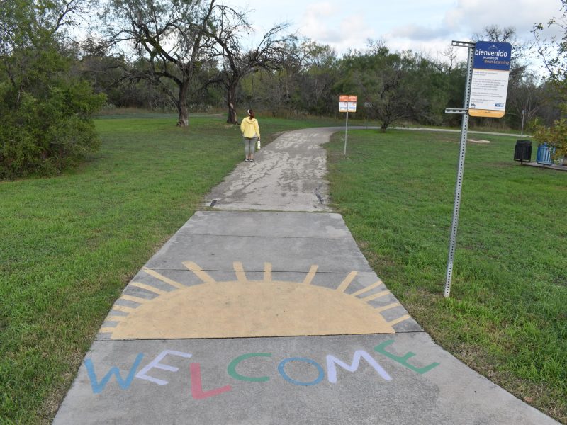 A welcome message at the beginning of the Nature Trail at John James Park.