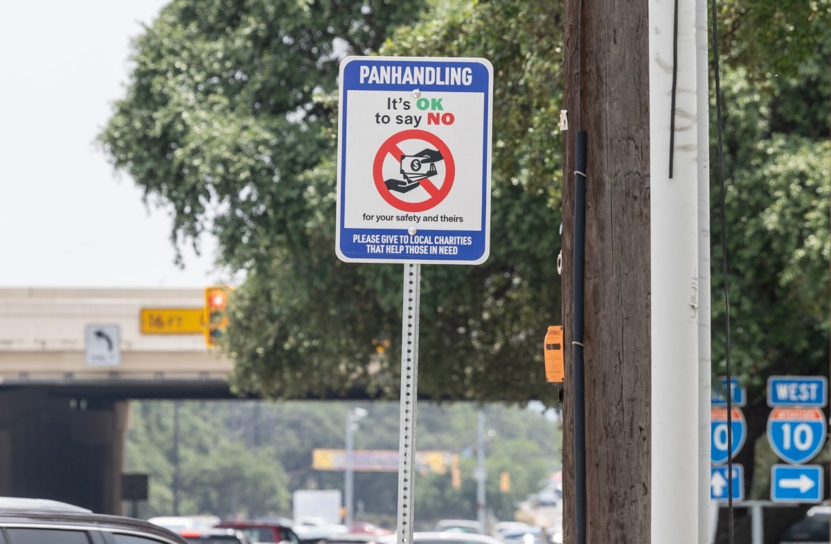 Councilman Manny Pelaez had Public Works install 16 of anti-pandhandling signs at key intersections in District 8 where panhandling is frequent. This one is seen at the intersection of I-10 and Huebner Road Thursday.