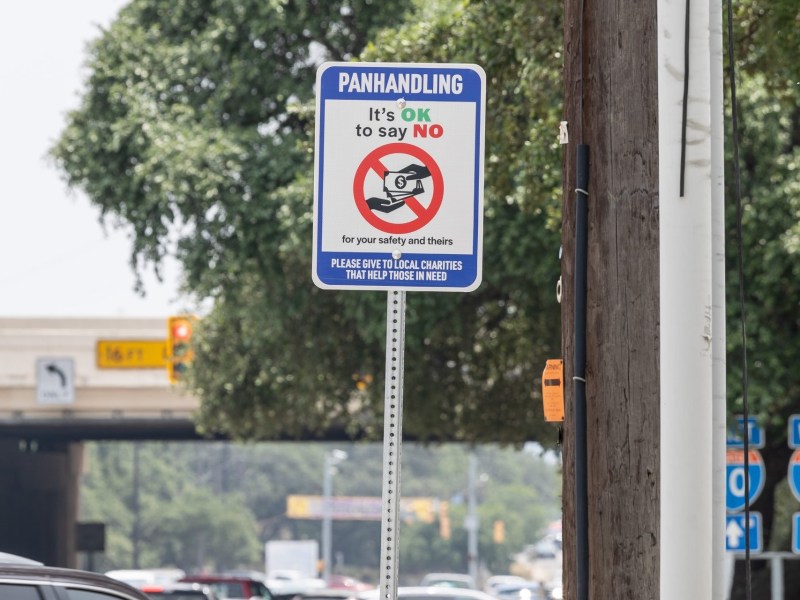 Councilman Manny Pelaez had Public Works install 16 of anti-pandhandling signs at key intersections in District 8 where panhandling is frequent. This one is seen at the intersection of I-10 and Huebner Road Thursday.