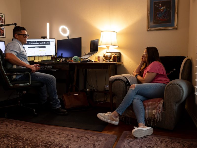 Dave Esra and his wife Sarah Webb-Esra work together on BobiHealth inside of their home office.