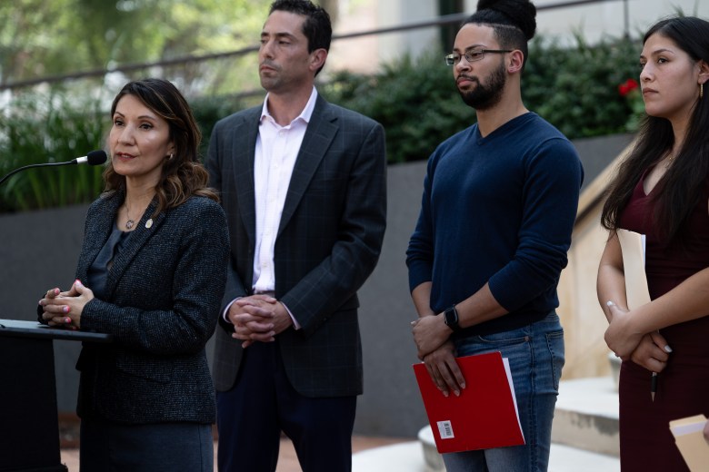 Councilwoman Melissa Cabello Havrda (D6) speaks during a press conference on the steps at San Antonio City Hall Thursday. She is joined by four of her colleagues to discuss the efficacy of recent legal counsel given by City Attorney Andy Segovia.