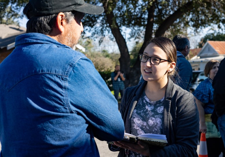 San Antonio Report environment and energy reporter Lindsey Carnett speaks with artist and muralist Cruz Ortiz Wednesday December 14, 2022.