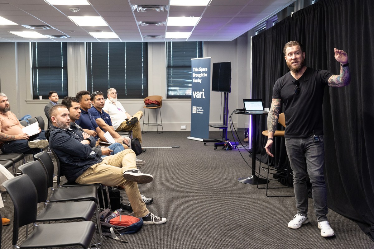 Darkhive co-founder and CEO John Goodson tells an audience at San Antonio Startup Week how his fledgling company secured $13 million in U.S. government contracts to develop drones and associated technology.