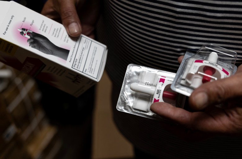 Jesus Martinez, a volunteer with Corazón Ministries, and recovered opioid addict, holds up a dose of Narcan. Narcan is administered in the nostrils of an individual overdosing on opiates. In 2023 Corazón Ministries provided Narcan for more than 1,700 overdose reversals.