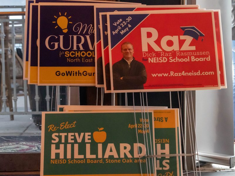 NEISD School board campaign signs are seen at the first meeting for the San Antonio Young Republican Club in March.