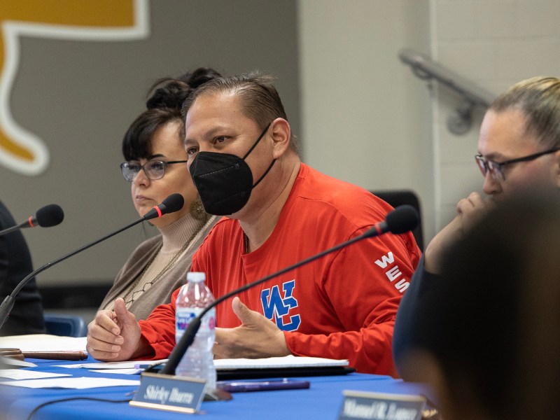 South San ISD board president Homer Flores, Jr. speaks to community members during a special meeting at Alan B. Shephard Middle School Monday regarding the proposed solutions to address South San’s $12 million budget deficit.