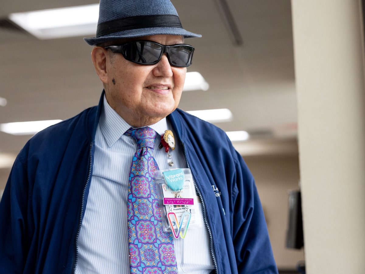 After losing significant vision function, Freddie Flores found a job at Vibrant Works and has been here for the last 50 years. He says he also met his wife here, who works in a different department.