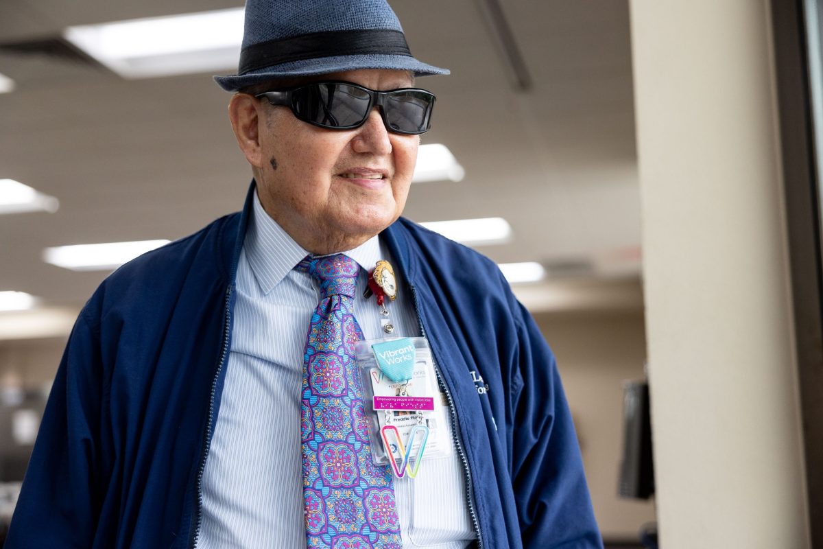 After losing significant vision function, Freddie Flores found a job at Vibrant Works and has been here for the last 50 years. He says he also met his wife here, who works in a different department.