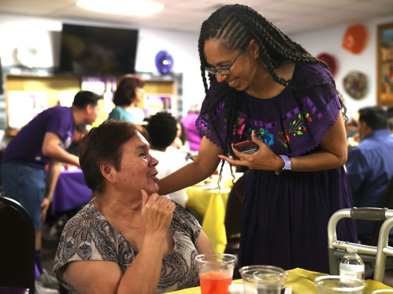 Bexar County Commissioner Rebeca Clay-Flores (Pct.3) speaks with supporters after securing victory on election night.