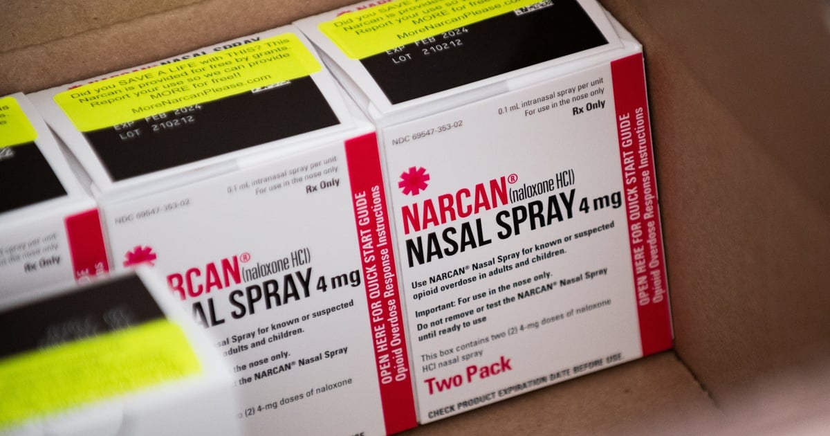 Boxes containing two doses of Narcan, a brand of overdose-reversing medication naloxone.