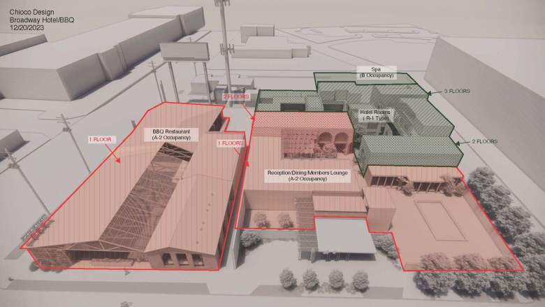 A site plan shows a conceptual idea of a future barbecue and hotel concept from Terry Black's BBQ.