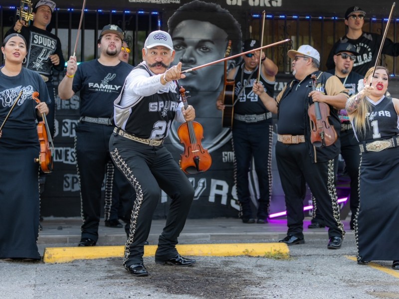 Mariachi Campanas de America perform Wembanyama Go Spurs Go outside of Rudy's Seafood in the Southside.