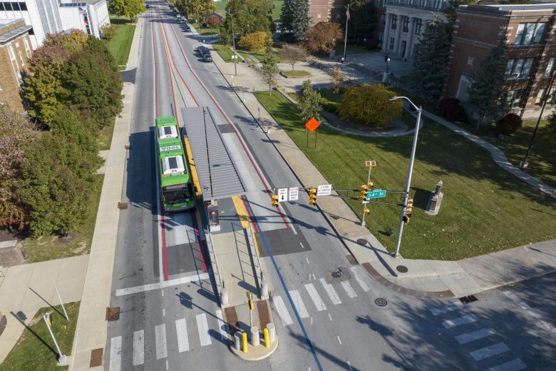 A Red Line bus at the station in an area with dedicated north and south bound bus lanes in Indianapolis Tuesday, Oct. 24, 2023.