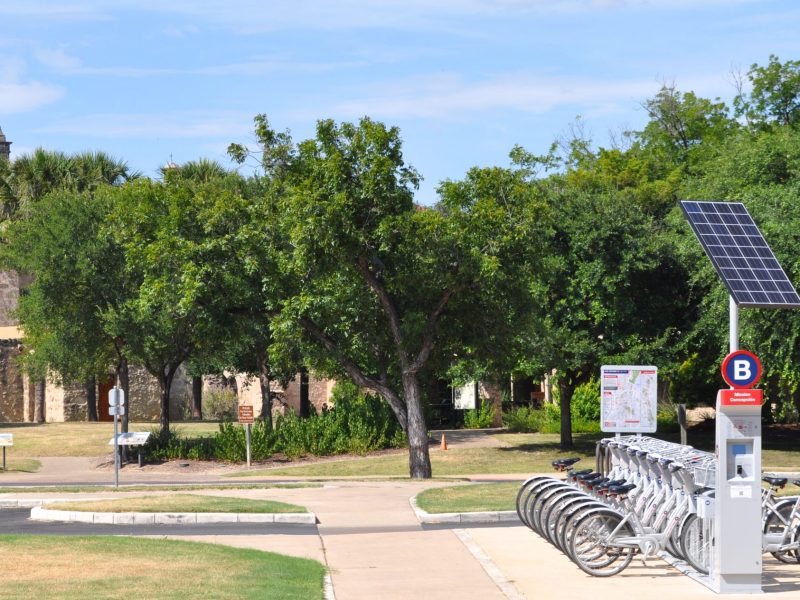 Mission Concepcion and its B-cycle station near the Mission Reach. Photo by Iris Dimmick.