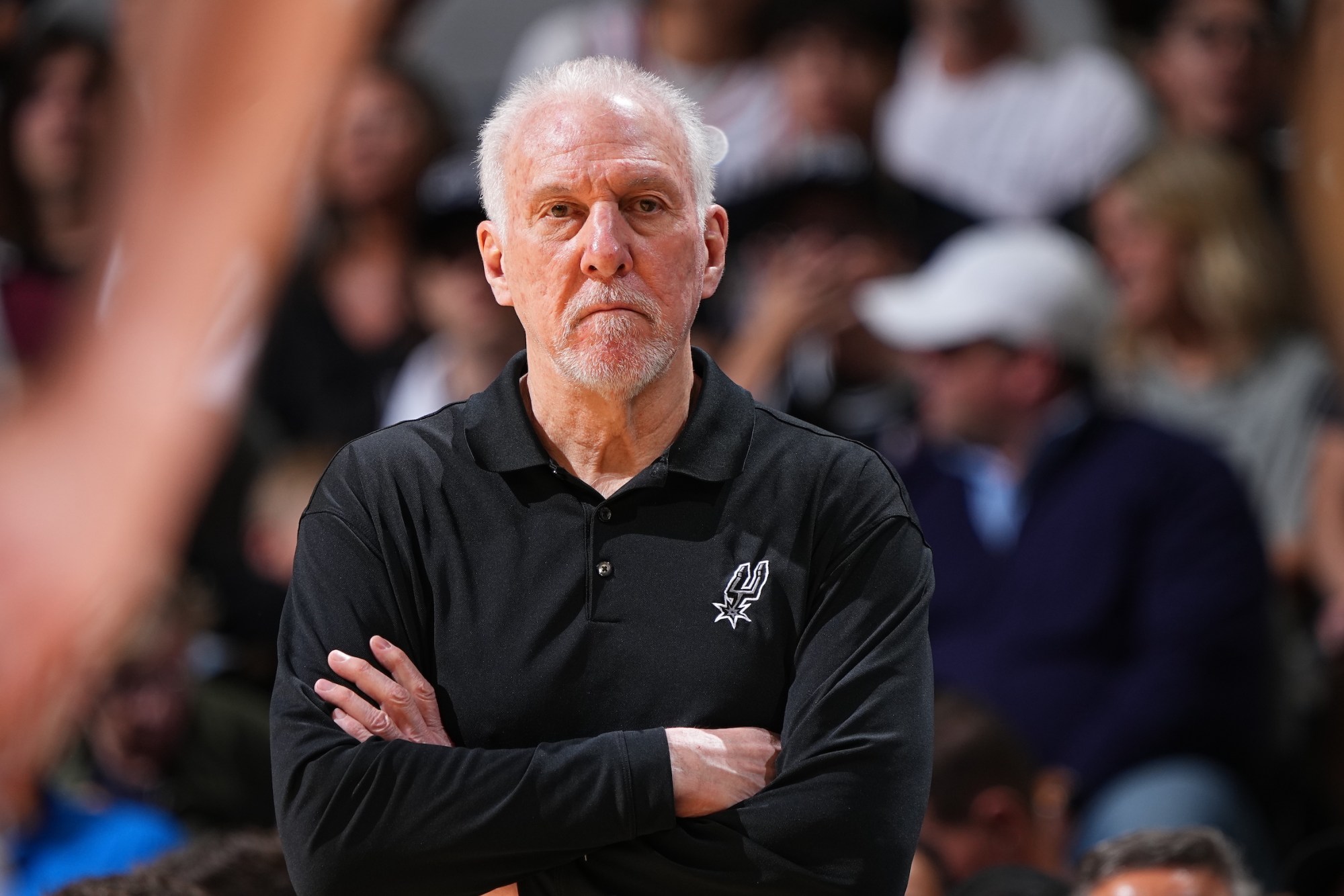 Head Coach Gregg Popovich of the San Antonio Spurs looks on during the game against the Golden State Warriors on April 9, 2022 at the AT&T Center in San Antonio, Texas.