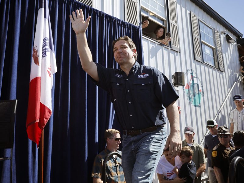 DES MOINES, IOWA - AUGUST 12: Florida Governor Ron DeSantis takes the stage during one of Iowa Governor Kim Reynolds' "Fair-Side Chats" at the Iowa State Fair on August 12, 2023 in Des Moines, Iowa. Republican and Democratic presidential hopefuls are visiting the fair, a tradition in one of the first states that will test candidates with the 2024 caucuses. (Photo by Chip Somodevilla/Getty Images)