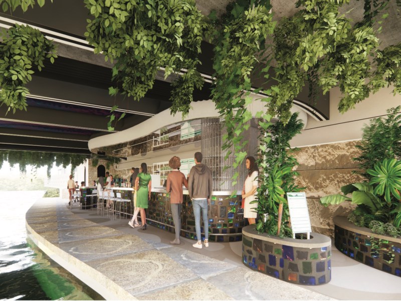 A rendering shows the concept of Lumo Bar to be located along the River Walk under the Saint Mary's Street Bridge.