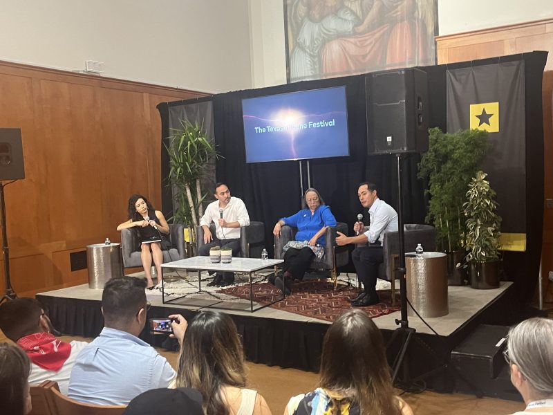 From left: CNN political analyst Laura Barrón-López moderates a Texas Tribune Festival panel Saturday featuring U.S. Rep. Joaquin Castro, civil rights leader Rosie Castro and former U.S. Housing and Urban Development Secretary Julián Castro.