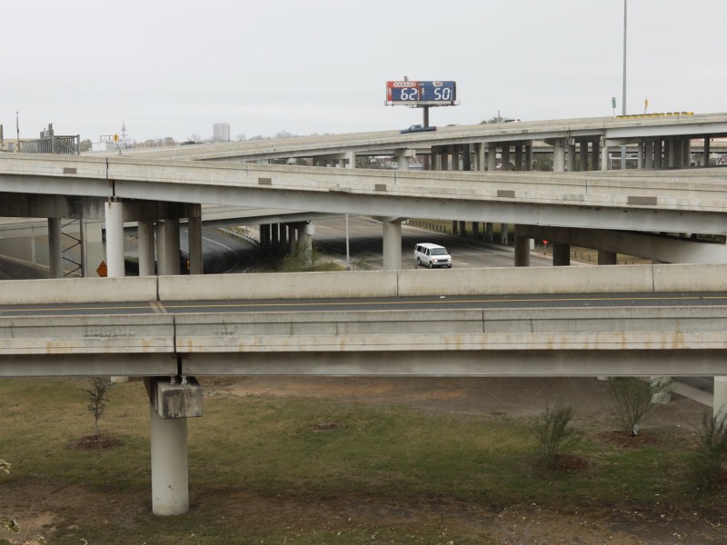 The intersection of U.S. Highway 281 and U.S. Highway 35 is empty of cars Tuesday mid-morning during inclement weather.