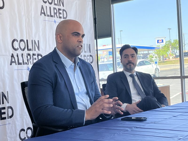 U.S. Reps. Colin Allred, left, and Joaquin Castro, right, participate in a healthcare roundtable at the Northeast Bexar County Democrats office.