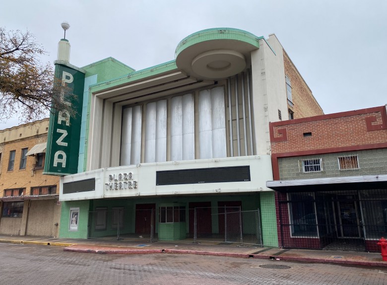 The historic art deco Plaza Theater in downtown Laredo, now fenced off, is slated for renovation.