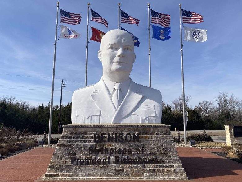 A giant bust of Denison-born Dwight D. Eisenhower, 34th president of the U.S. and former commander of the Allied forces in World War II, overlooks U.S. Highway 75.