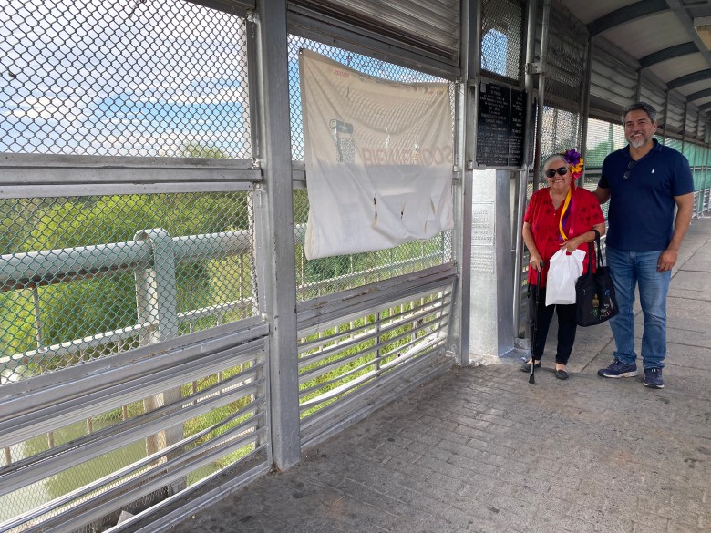 Roberto Treviño (right) poses for a photo with his mother Maria del Rosario Rincón on the International Bridge where she once joked to her son that he was born right in the middle, making him neither Mexican nor American.”